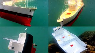 Cardboard ship sinking Calypso model sinks after colliding with barge [upl. by Gide]