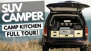 SUV Camper Build TOUR Camp Kitchen Box Car Camping Gear Organization Ideas Solar Power  more [upl. by Elrebmik920]