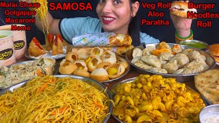 Eating Spiciest🔥 Macaroni Momo Golgappe Malai Chaap Veg Roll Noodles Aloo Paratha Burger [upl. by Merta991]