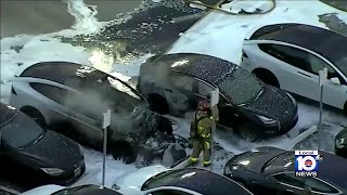 Tesla erupts in flames at Fort Lauderdale dealership [upl. by Thor]