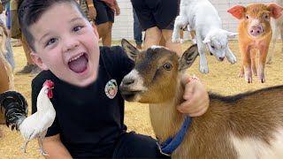 FEEDING FARM ANIMALS CALEB and MOMMY LEARN ABOUT FARM animals at the KIDS PETTING ZOO at the FAIR [upl. by Ydnarb]