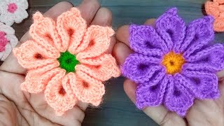 Gorgeous Eight petals flowers crochet 3D flower  crochet flower step by step crochetABC [upl. by Alyel]