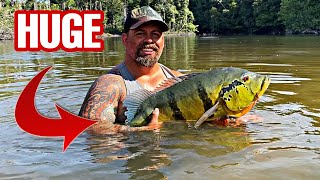 CATCHING GIANT PEACOCK BASS in a HIDDEN LAKE of the AMAZON tucunare açu BIGGEST IVE CAUGHT [upl. by Amzu]