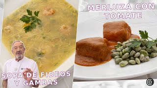 SOPA de FIDEOS y GAMBAS  MERLUZA con TOMATE  Cocina Abierta de Karlos Arguiñano [upl. by Kearney]