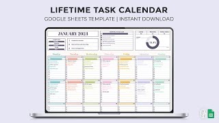 Lifetime Task Calendar  Monthly Calendar  To Do List  Google Sheets Template [upl. by Annibo]