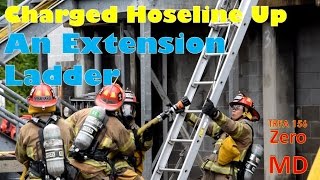 Charged Hoseline Up an Extension Ladder  Virginia Beach Fire Academy Training Simulation TRFA 156 [upl. by Aikat817]