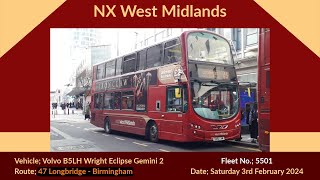 NX West Midlands  Volvo B5LH Wright Eclipse Gemini 2  5501 BX61LHM Rebecca [upl. by Heger215]