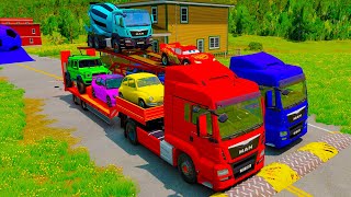 Double Flatbed Trailer Truck vs Speedbumps vs Train vs Cars  Tractor vs Train  BeamngDrive 007 [upl. by Aryam]