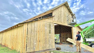 Pole Barn Build On A Budget Incredible Board and Batten Siding Transformation part 1 [upl. by Ahsinan]