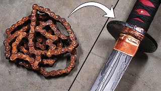 Forging DAMASCUS KATANA from MOTORCYCLE CHAIN Workshop ASMR [upl. by Eylrac464]