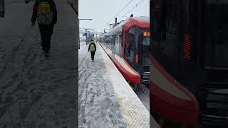 Siemens S200 Train Leaving Heritage Station train calgary calgarytransit ctrain lrt yyc snow [upl. by Etireugram803]