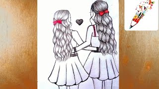 Best friends ❣️ pencil sketch Tutorial l How to draw two friends Hugging each other Easy Bff drawing [upl. by Codee]