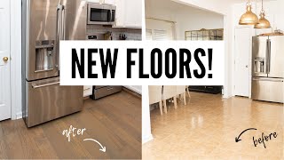 HOW TO INSTALL HARDWOOD FLOORS AS A BEGINNER I Engineered Hardwood Floors I Kitchen Makeover Pt 1 [upl. by Deb]