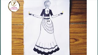 How to draw traditional girl backside drawing  Diwali special girl drawing [upl. by Cinomod]