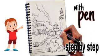 How to sketch with ballpoint pen  Landscape sketch  sketch book tutorial [upl. by Eeslek]