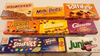 Unboxing Chocolate Smarties Reeses Glosette Whoppers Milk Duds Toffifee Junior MintsASMR Friendly [upl. by Kcid]