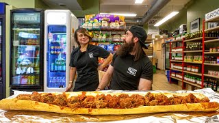 WIN 50 CASH IF YOU CAN FINISH THIS GIANT MEATBALL SUB IN CHICAGO  BeardMeatsFood [upl. by Neltiak807]