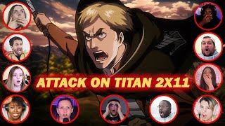 Youtubers react to ERWINS ADVAAANCE Attack On Titan Season 2 Episode 11 [upl. by Hsirehc]