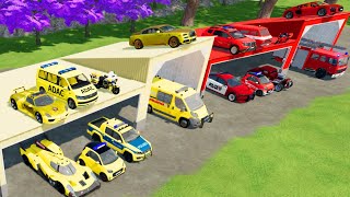 TRANSPORTING CARS AMBULANCE POLICE CARS FIRE TRUCK MONSTER TRUCK OF COLORS WITH TRUCKS  FS 22 [upl. by Kyne]