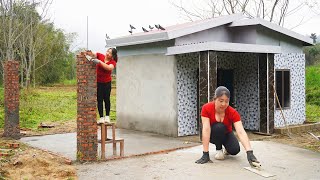 Strong girl build kitchen house Concrete floor strips and build pillars with bricks [upl. by Palla]