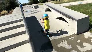 Scooters at the Skate Park  2 amp 4 year old dropin carve up at the skate park with gnarly tricks [upl. by Zaneta]