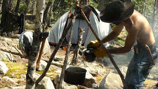 2 days solo bushcraft camping  tent cooking baking adjustable pot hanger picking blueberries [upl. by Atinrehs]