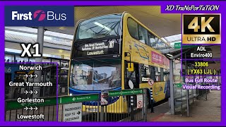 First Eastern Counties X1  Norwich Bus Station ➝ Great Yarmouth ➝ Lowestoft Bus Station【4K UW】 [upl. by Odlabu]