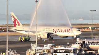 WORLDS LONGEST FLIGHT  Qatar Airways 777200LR  Landing and Water Salute at Auckland Airport [upl. by Ereveneug]