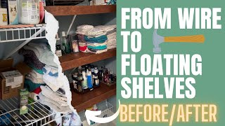 HOW TO COVER Wire Shelves with Floating WOOD Wrap Existing CLOSET PANTRY Shelves diy organization [upl. by Julius]