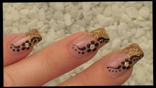 NailArt Design Tutorial  gold glitzer  schwarz  weiss  flower [upl. by Morgan245]