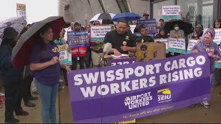 Dulles Airport workers go on strike call out unfair labor practices by Swissport cargo [upl. by Bunns]