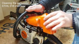 STIHL 018 chainsaw  Installing  Replacing  Cleaning carburetor [upl. by Adrahc731]