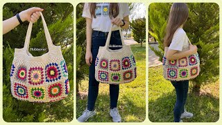 Kolay Tığ İşi Yazlık 19 Motifli Çanta Yapılışı  Örgü Çanta Modelleri  Granny Square Crochet Bag [upl. by Suoivatram530]