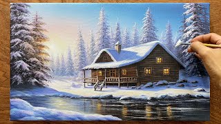 Draw a snowy winter landscape with a house and pine trees  Acrylic landscape painting  A Lu Art [upl. by Andryc920]