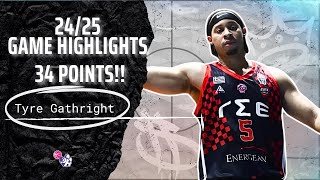 Tyre Gathright 34 POINTS Highlights 202425  Greece Elite League  GS Eleftheroupoli Kavalas [upl. by Ttekcirc]