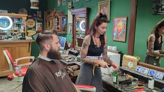 💈ASMR💈 relaxing haircut and massage  ASMR lady barber cuts clients hair at oldschool barbershop [upl. by Odravde]