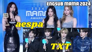 Engsub aespa amp TXT MAMA 2024 Speech  Fan Choice Female Top 10 Ponta Pass Global Favorite Artist [upl. by Mannuela]