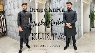 Drape Style Jacket Kurta  Black Kurta For Men Kurta Collectionsangeetweddinggroomkurtapajama [upl. by Naegem533]