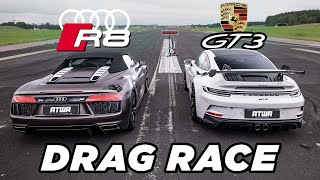 Porsche 992 GT3 vs Audi R8 V10  DRAG RACE  Daniel Abt [upl. by Wiseman]