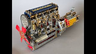 Finished Meccano 4Cylinder Engine with working pistons camshaft and valves [upl. by Falo753]