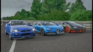 Forza 7 Drag Race  Nissan Skyline R34 Tuned VS Bugatti Chiron VS Bugatti Veyron SS [upl. by Nadaha]