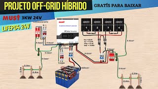 Projeto de Energia Solar Com Bateria LifePo4 em 24V e INVERSOR HÍBRIDO Off Grid MUST 3000W [upl. by Cecilia]