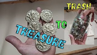 Trash to treasure gemischtes Metall zu Münzen gießen how to melt metal copper asmr brass [upl. by Ahsahs]