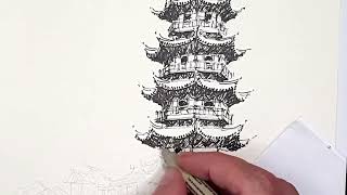 Drawing China Timelapse drawing of a canal town in China [upl. by Aenea540]