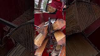 wood log splitter closeup of the machine splitting a large log into pieces wood woodworking [upl. by Amhsirak]