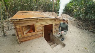 25 Days Building Survival Underground Dugout Bushcraft Shelter In Wild Clay Fireplace [upl. by Ognimod]