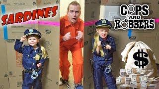 SHACKLED SARDINES in a HUGE BOX FORT MAZE Cops and Robbers Family Hide and Seek Game [upl. by Weissberg17]