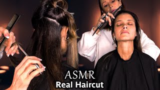 Real ASMR Haircut Hair Stylist gives Ultimate Salon Experience cutting brushing spray sounds [upl. by Susana]