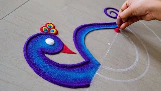 Beautiful Peacock Rangoli Design For Festivals  Peacock Kolam Designs  Peacock Muggulu Designs [upl. by Barron]