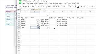 Level 7 Proportional Representation Voting Procedure On A Spreadsheet From the Voting Math Program [upl. by Marney]